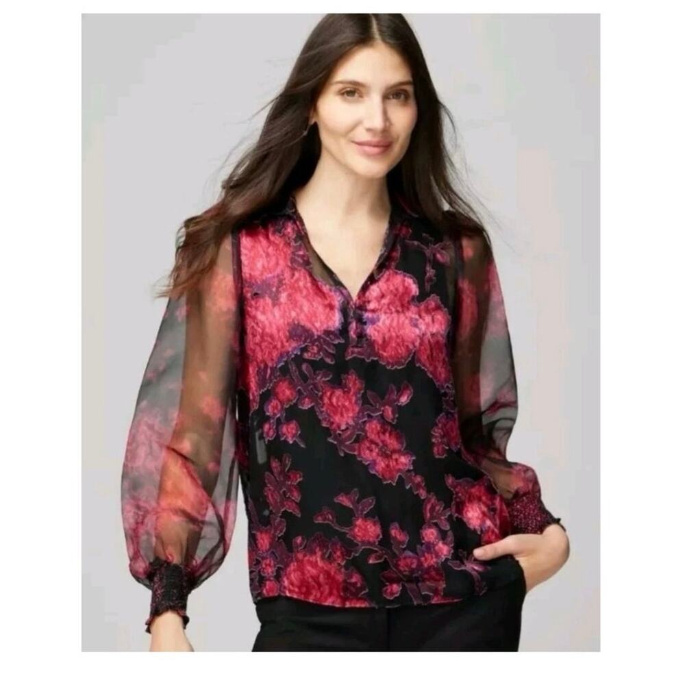 WHBM Dark Romantic Sheer Silk Burnout Floral Blouse Organza Statement Sleeves M